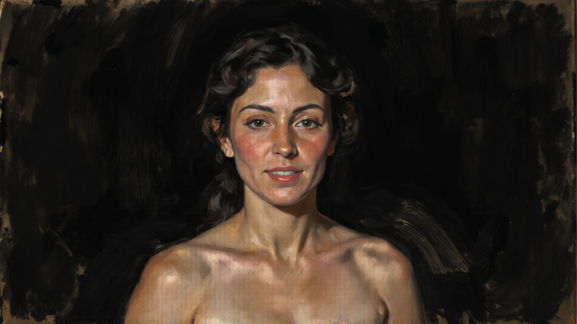 A delicate, 3D oil painting portrays, a nude beautiful Natalie Wood look, medium firm breasts, standing bare feet without background, her features rendered in subtle shading and precise lines. The framing is tight, focusing attention on the subject's serene face. Soft, feathery strokes convey the gentle texture of her hair,