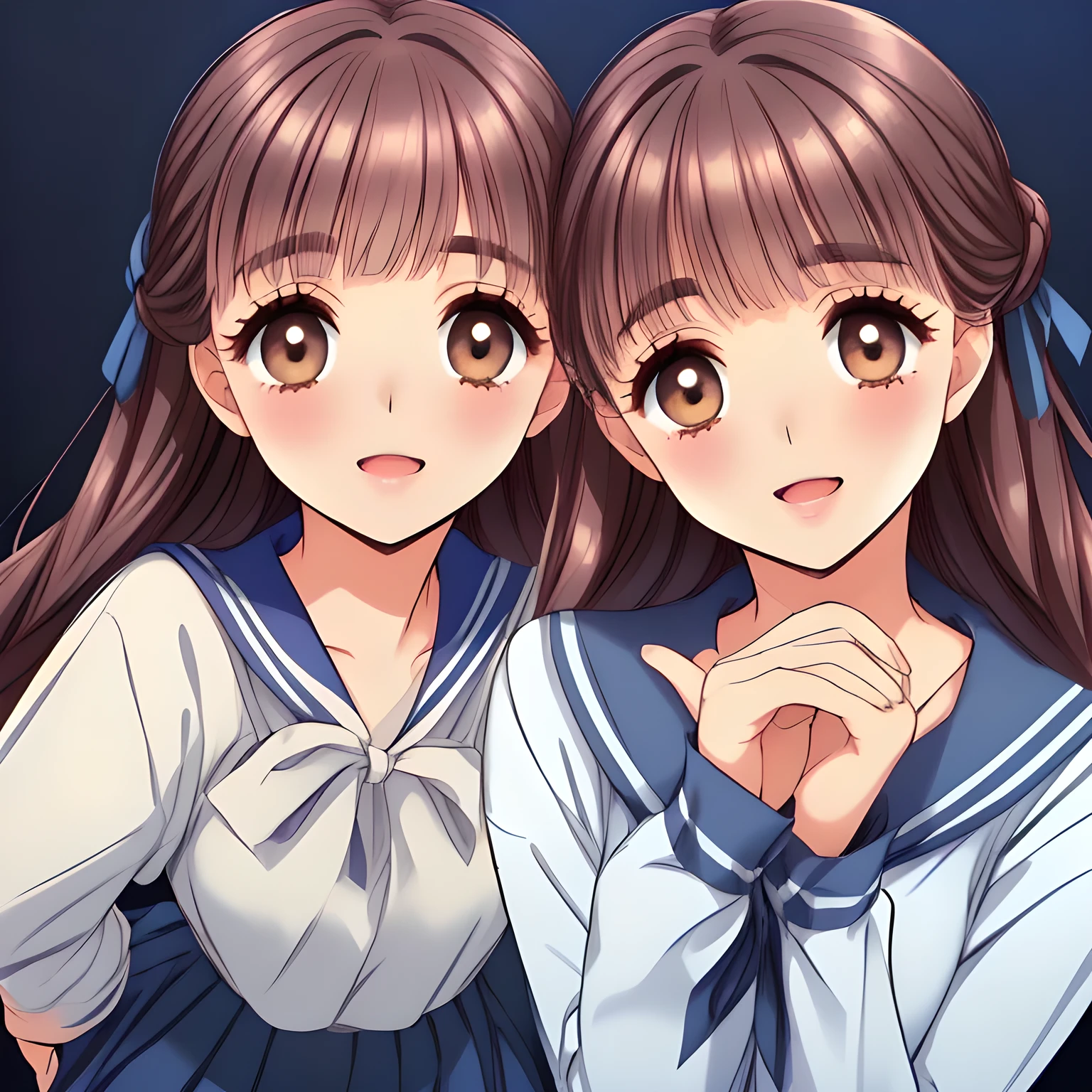 (highest quality, masterpiece:1.2), highest quality, High resolution, 1080p, 8K, ((too beautiful) (too pretty) (noble decorous well-behaved) (student council president and members) of (((most beloved))) (love-story comic heroine), face up, calling me with their neat beauty together, (intelligent and perfectly balanced slender style), neat & clean, lovely strong charm, cutely tilted head, noble beautiful hand and fingers like a model: 1.5), (((white grown face, face up)), Using expensive whitening cosmetics by cosmetics artist: 1.2), (Too beautiful blue fascinating shiny (double-lidded) (brown eyes), ((deep upper girly eyelid)), ((huge eye pupils)), laughing with detailed clearly: 1.5), (dark blue exemplary neat proper sailor-style school uniform: 2.0), (A very neat, ((realistic), (dark-blue) pleated blue school skirt): 1.9), (too pretty shiny big (red realistic school ribbon tie)): 1.5), (Shiny love-story heroine lips, open mouth: 1.0), ((amazingly beautiful black braids hair: 1.5)), (slender, small face, (((face up))): 1.5), (The lady knows well about the viewer's super fetishism for school uniforms, and satisfies it completely: 1.7), ((Perfect intentional neatness and her noble beloved atmosphere) improves their beauty: 2.0), (Take a shot from their side or behind emphasizing the beautiful ((neatness of uniform and (everyone's middle-height skirt))) like promotion, nothing but darkness background: 1.5)