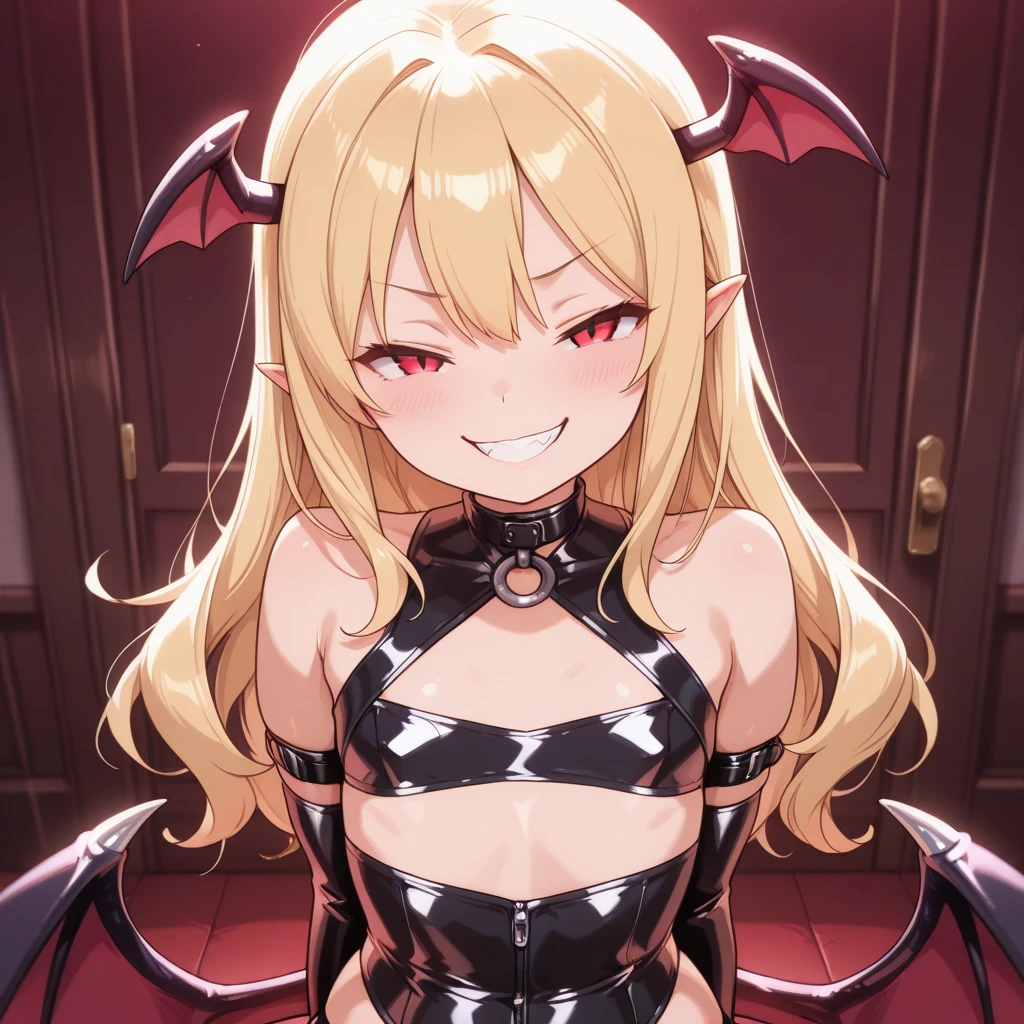 (O-face1.5),best quality ,masterpiece,solo,1girl,blond hair,red eyes,a dress with long sleeves,face focus,roll one's eyes at someone,evil smile,open mouth,white viscous liquid in mouth,sticking out tongue,sweating body,small lady serenity,big breasts,despise,steam,shoulder,demon,upper body,