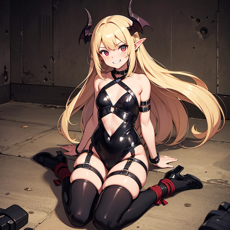 Only One Woman、Blonde、Sharp, pointed ears、Long Hair、ponytail、Small size breasts、Flat Chest、female knight、Wearing black armor、Wearing stockings、garter belt、Urinating in prison、Spread your legs、Squat positions、Embarrassing、Open your mouth、Blushed face、Spilling urine from the crotch、Suppressed、Handcuffs、Shackles、Bound in chains、Hands above head
