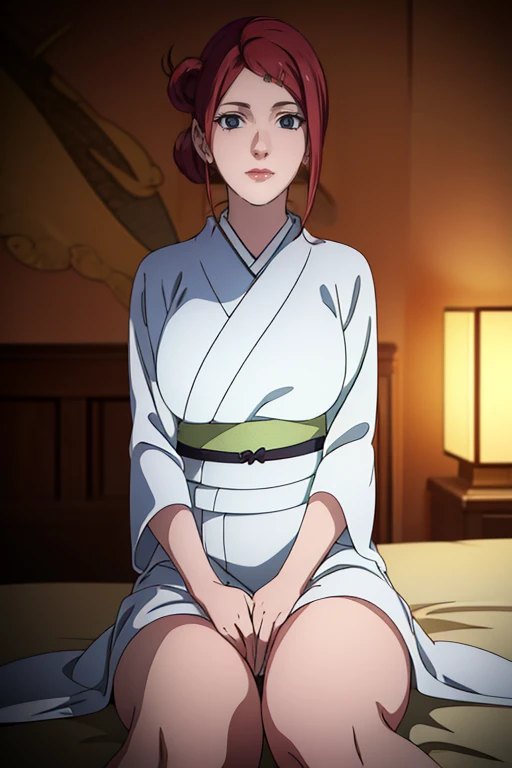Masterpiece, Absurd , (complex parts), (colorful),cinematic lighting,Destructive Shot,чрезвычайно подробные обои CG Unity 8k, Mito Uzumaki, 1 girl, (Sitting on the bed, in the bedroom),  mature woman,  wears a kimono, (bare thighs) , (autumn), Sunbeam? view viewer, Mito Uzumaki, ，（breathe through，plump red lips, 
