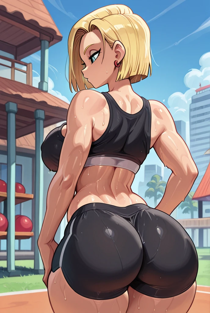 score_9, score_8_Excellent, anime, alone, Sitting, Foot sweat, odor, Armpit hair, 脚 AND18, Android 18, alone, Blonde, blue eyes,short hair, five fingers curvy very embarrassed expression tight sportswear indoors sweat hair protruding groin muscles thick legs lots of Armpit hair huge ass showing off ass to viewer backwards close up in front of eyes emphasising ass squatting 尻を視聴者の目の前に見せる