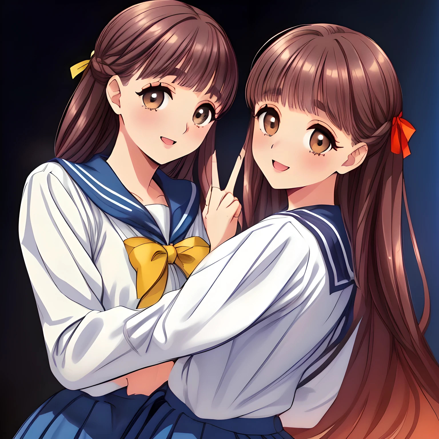 (highest quality, masterpiece:1.2), highest quality, High resolution, 1080p, 8K, ((too beautiful) (too pretty) (noble decorous well-behaved) (student council president and members) of (((most beloved))) (love-story comic heroine), face up, calling me with their neat beauty together, (intelligent and perfectly balanced slender style), neat & clean, lovely strong charm, cutely tilted head, noble beautiful hand and fingers like a model: 1.5), (((white grown face, face up)), Using expensive whitening cosmetics by cosmetics artist: 1.2), (Too beautiful blue fascinating shiny (double-lidded) (brown eyes), ((deep upper girly eyelid)), ((huge eye pupils)), laughing with detailed clearly: 1.5), (dark blue exemplary neat proper sailor-style school uniform: 2.0), (A very neat, ((realistic), (dark-blue) pleated blue school skirt): 1.9), (too pretty shiny big (red realistic school ribbon tie)): 1.5), (Shiny love-story heroine lips, open mouth: 1.0), ((amazingly beautiful black braids hair: 1.5)), (slender, small face, (((face up))): 1.5), (The lady knows well about the viewer's super fetishism for school uniforms, and satisfies it completely: 1.7), ((Perfect intentional neatness and her noble beloved atmosphere) improves their beauty: 2.0), (Take a shot from their side or behind emphasizing the beautiful ((neatness of uniform and (everyone's middle-height skirt))) like promotion, nothing but darkness background: 1.5)