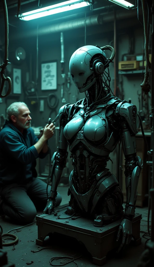 Create an image that contrasts a futuristic person connected to cables working with screens and a traditional craftsman with many tools
