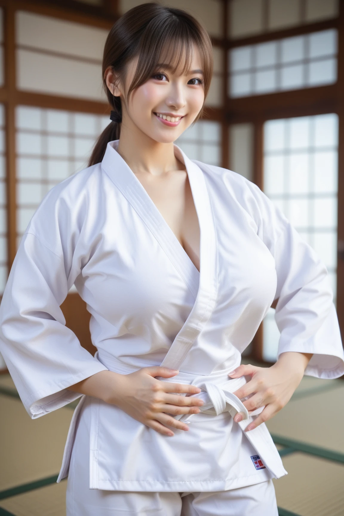 Highest quality、Japanese、Big Breasts、White judo uniform、naked、Inserting the penis into the vagina、、Normal position、Have sex、Thick pubic hair、smile