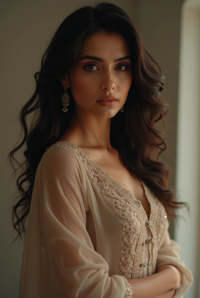 Wavy brown hair, (RAW photo, realism: 1.8), (very dark lip gloss, jet black lipstick, many eyelashes, dark black eye shadow, shy, blushing, high quality, high resolution, depth of field, chromatic aberration, caustic, wide light, natural colors, 30 year old woman), necklaces, chokers, earrings, bracelets, wear many accessories, wearing traditional Pakistani clothes, white color dress, and white hijab, woman very big , soft skin, white skin, slim nose, beautiful eyes, The Casual Hip Stance poses, 8k results, high resolution, realistic,