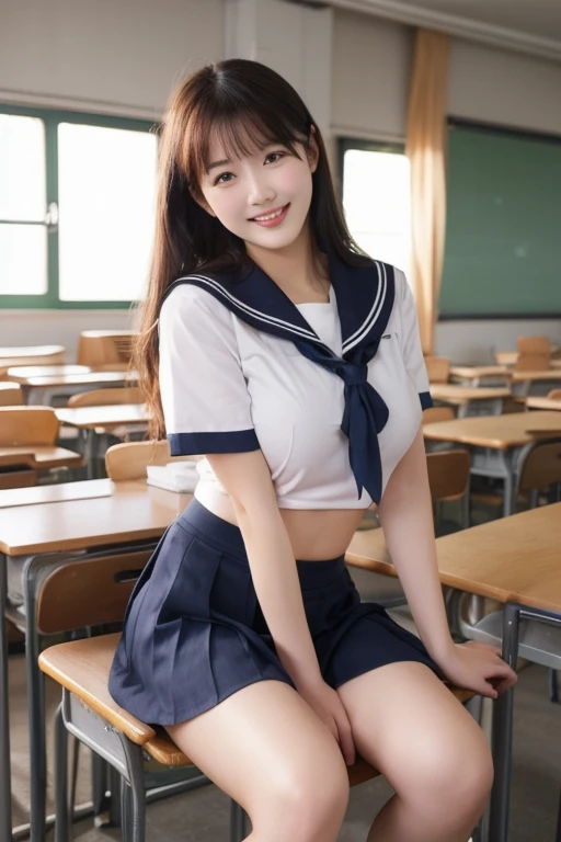Ulchan-6500-v1.1, (Raw photo:1.2), (realistic:1.4), (1 beautiful detailed girl), very detailed eyes and face, detailed and beautiful eyes, High resolution, very detailed, highest quality, table top, (beautiful figure:1.2)、((beautiful face、beautiful figure:1.2))、(hyper pretty face:1.5),　(drooling eyes:1.2), black hair straight, bangs、Nogizaka 4６、AKB48、(japanese traditional 、white short sleeve sailor uniform:1.2), (navy blue pleated skirt:1.2), In 8K、wallpaper, small details, table top, cinematic lighting, high school girl、 (16 years old),　dynamic pose, dark blue socks, seiza, (school gymnasium:1.2),　laughter、gentle expression、drooling eyes、,cute,black haired,ponytail,big breasts,smile, (realistic hair: 1.2) (wet skin: 1.2), spread your legs,squat、from belowのアングル,big breasts,sweaty, drenched, water droplets running down the legs, Lower body soaking wet, Wet hips,Lower body exposed,from below、show nipples、