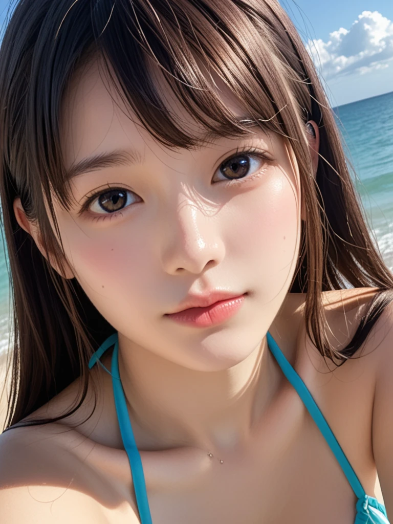 8k、Highest quality、（beautiful）、Precision Eyes、Fine skin、Caramel Blonde Hair、Upper Body、Completely naked、Nipples、Soft Breasts、Beach、Larger breasts、sit、Shoot from below、Pussy、Selfie