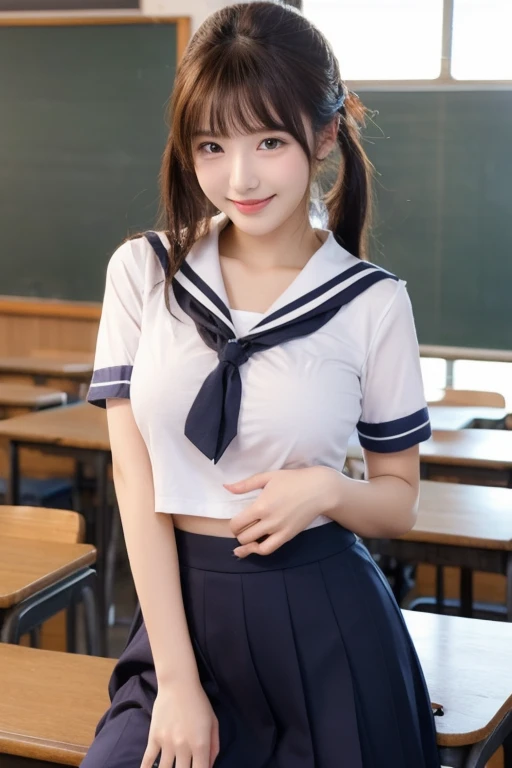 (8K, best quality, masterpiece:1.2), (realistic, photo-realistic:1.37), (high color saturation:1.0), (highly detailed skin), (highest quality:1.0), (ultra high resolution:1.0) ,(realistic:1.0), (Super detailed:1.0), (8K, Raw photo:1.1)、standing random pose, smiling, natural breast, perfect lighting, ((3girls students)), 18years old, (mysterious), clear and detailed, ((school_uniform, Japanese sailor uniform, flared skirt)), (classroom), cute face, (no panties),
