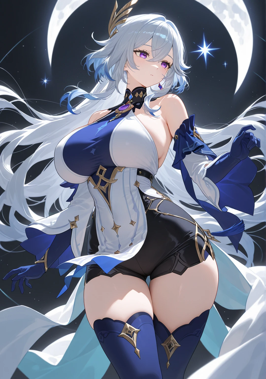 （（masterpiece：1.4，best quality）），（Super detailed），（Extremely detailed eyes），（black leggings，Shiny socks：1.5），Hello Darkness
（Cute girls），15 years old，（Blood-red pupils，Diamond-shaped pupil：1.15），Purple Eyeshadow，（elongated hair，Thick hair，Single ponytail，shiny hair：1.5）（Changes through：1.2），White skin，despair，sad，Empty eyes，tears streaming down my face，tilting its head to the side，kneel
（She wears blue armor，A blue dress，：1.5），（Black gloves：1.4）Very long plush sleeves，White，White Cloud，Dream bubbles ，Ice and glitter effects
（Black long skirt：1.1），
（dawn：1.2），
（Intense black and white：1.16），（Depth of Field：1.4），，Intricate details，(((Castle in the Sky，Standing by the lake，Purple flowers by the lake)))，(((Huge breasts，Bare breasts，Deep cleavage)))