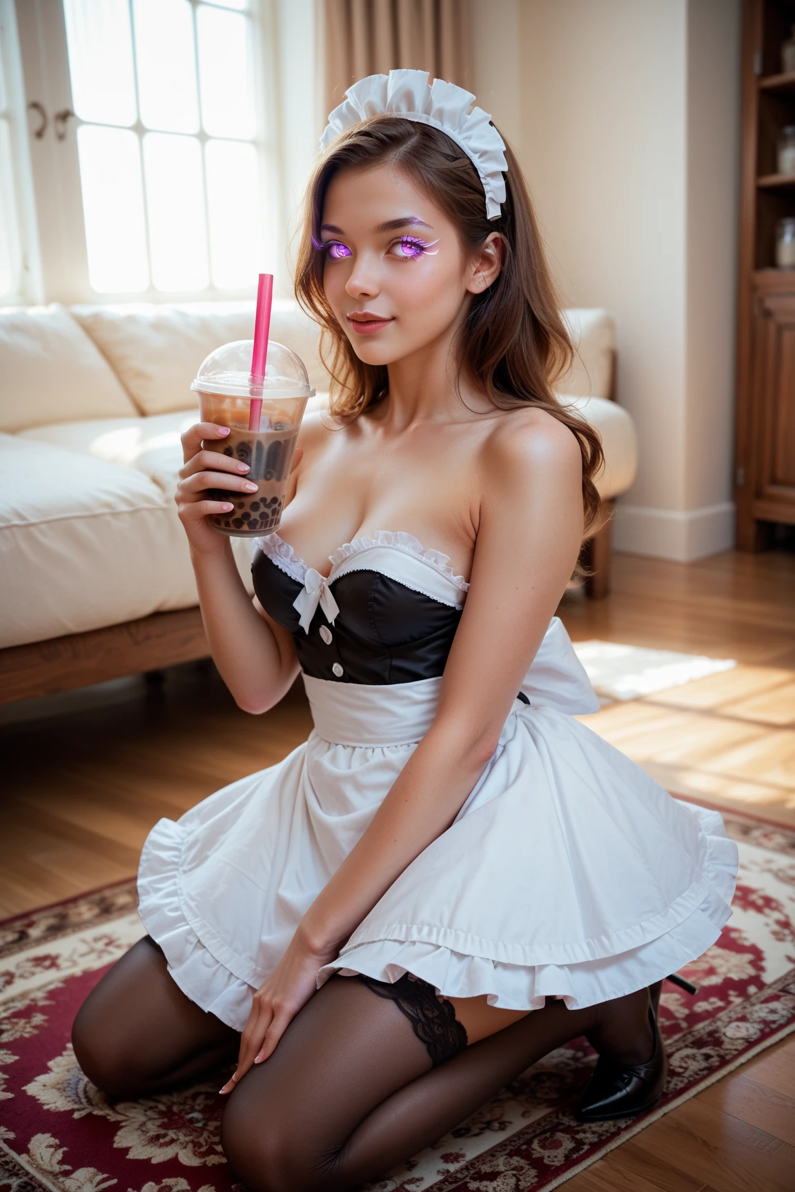A beautiful girl, wearing a french maid dress, with bunny ears, serving drinks, photorealistic, ultra detailed, high resolution, 8K,