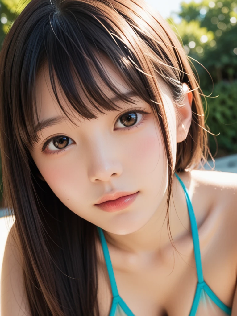 Full body best quality, face focus, soft light, ultra high res, (photorealistic:1.4), RAW photo,
1japanese girl, solo, cute, (pupil, lights in the eyes), detailed beautiful face, (small chest),(high resolution detail of human skin texture), medium tits size
(long hair),
Pool,
Black bikini, brown eyes