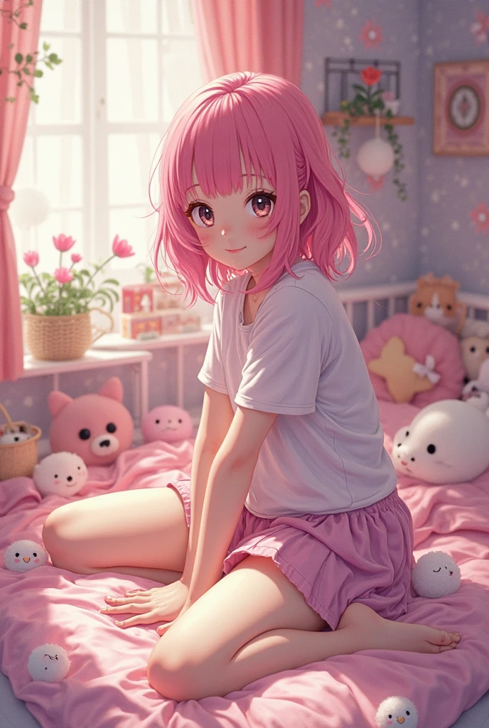 Disney Pixar style, cute girl with short pink hair with bangs, wearing white shirt and pink shorts, looking to tv , in a TV room, sitting on the sofa, top view, realistc, 8k