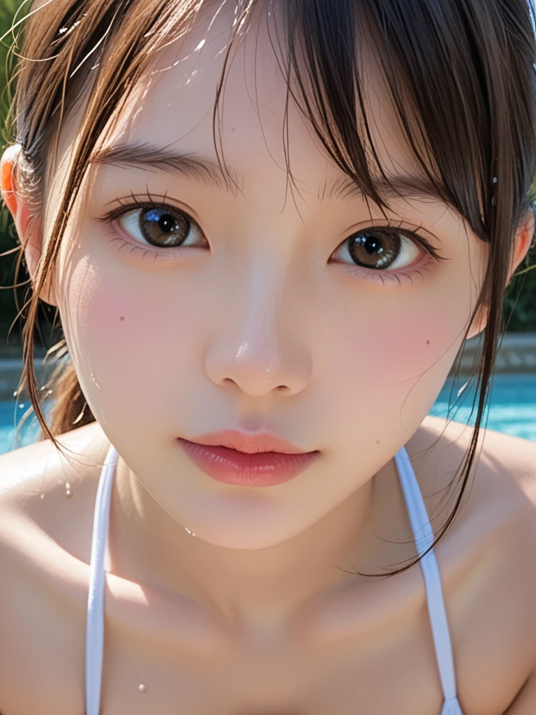 Straight hair, Shiny Hair, Very long hair, Glowing Eyes, Sparkling eyes, Big eyes, The pupils shine, Long eyelashes, compensate, Sticking out tongue, Part your lips, Bright Eyes, Totally blush, Korean women, Korean Girls, realism, ハイパーrealism, UHigh resolution, masterpiece, Accurate, Anatomically correct, Super detailed, Attention to detail, high quality, 最high quality, High resolution, 1080P, 4K, High resolution,Micro Bikini,Disheveled Hair,Poolside,Sexy pose,Full Body Shot,Thighs,Detailed face,CG,Too much exposed skin,