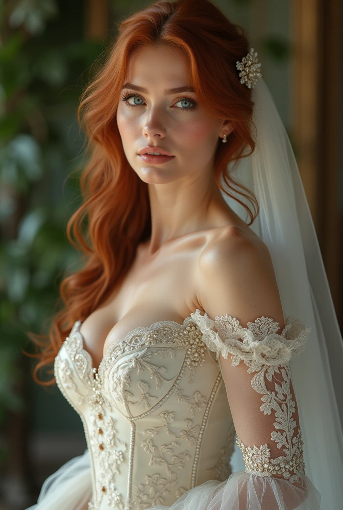 lucy pinder, face portrait, smiling, red hair, curly hair, Bride, Cleavage, voluptuous woman