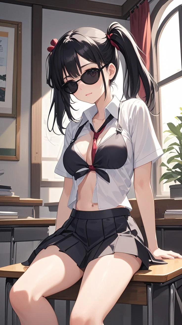 best quality、brown eyes、Slender、tall、8k、girl, highres,black hair、short hair、Forehead exposed、classroom、black bra、black skirt、ponytail