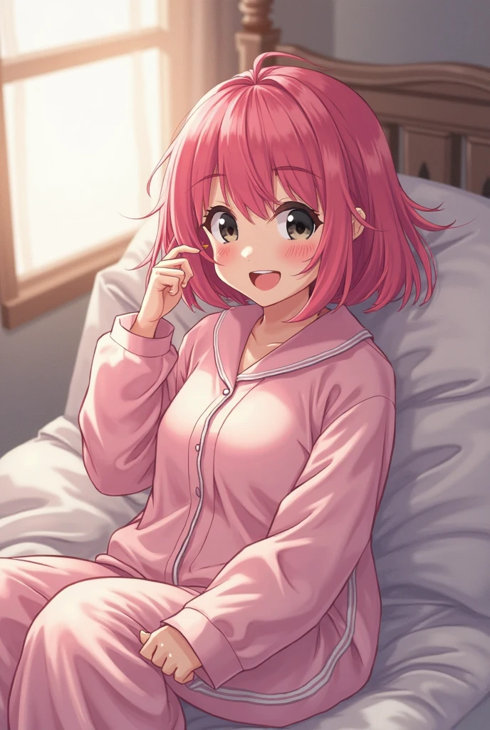 Highest quality,Otome、Adult Caro Ru Lushe、Shooting from the front、indoor、High resolution、sitting、Bedroom、Bed、Sexy Caro Ru Lushe,High resolution、Standing、garden、squirt、 綺麗な魅力的なPink Hair、Pink Hair、Beautiful and attractive dark purple eyes、smile、Closed Mouth、smile、Pink camisole、Pink shorts、Cute pajamas、Frilly pajamas、Beautiful Eyes, Sharp pupils, Sharp focus, (Very detailed, bloom, Shine)、(Genuine、Realistic、Realistic:1.5)、High resolution、超High resolution