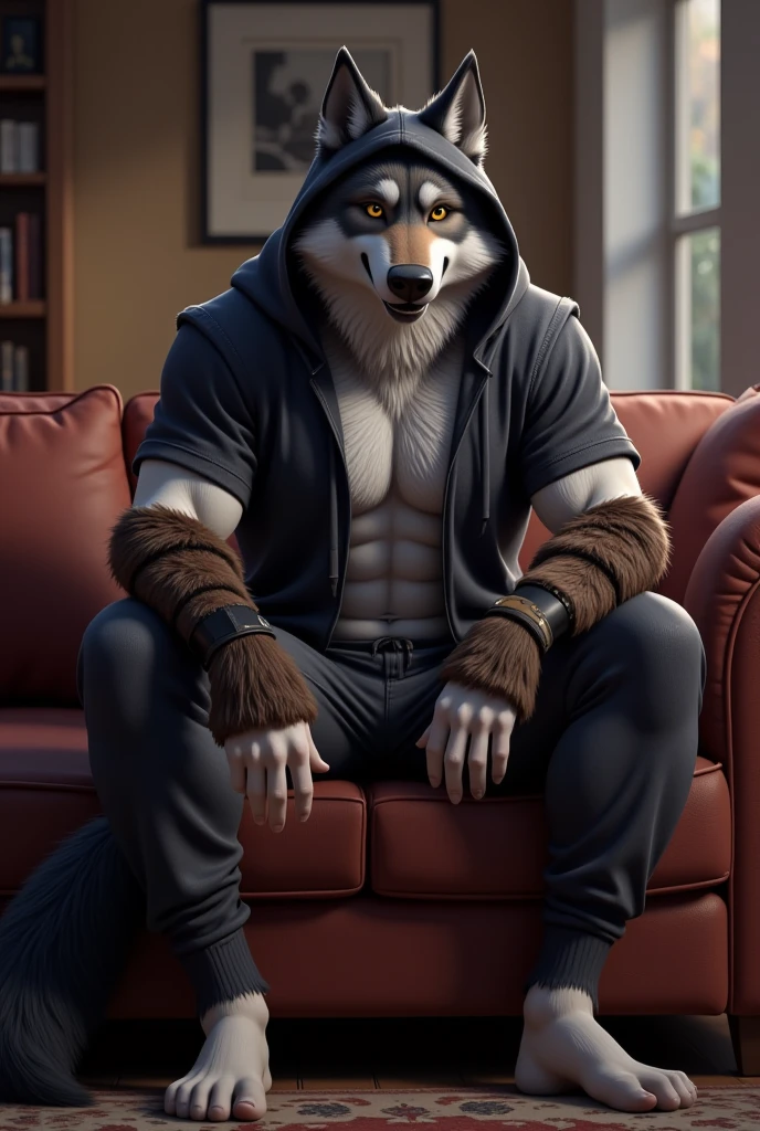 A furry with a sexy open shirt lying on the sofa dressed as a police officer