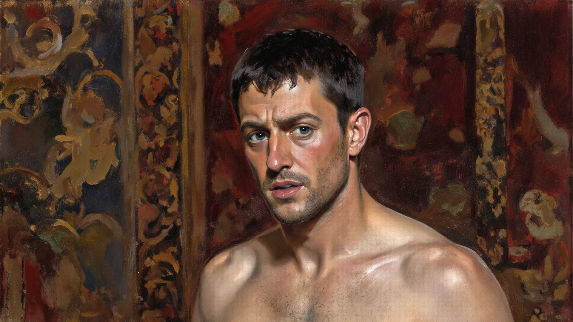 chiaroscuro technique on sensual illustration of an arafed man in white drapes, sexy masculine, diego fazio, male model, by Ludovit Fulla, model with attractive body, inspired by Ludovit Fulla, mid-shot of a hunky, the model draped in flowing, thick oil painting by Harumi Hironaka, extremely soft colors, vibrant, highly detailed, malcolm liepke painting, oil on canvas, high contrast, dramatic, refined, tonal, Troy Brooks: While primarily a surrealist painter, some of his works incorporate collage-like elements. Mixed Media: Use of different materials and techniques, such as paint, paper, and digital elements.