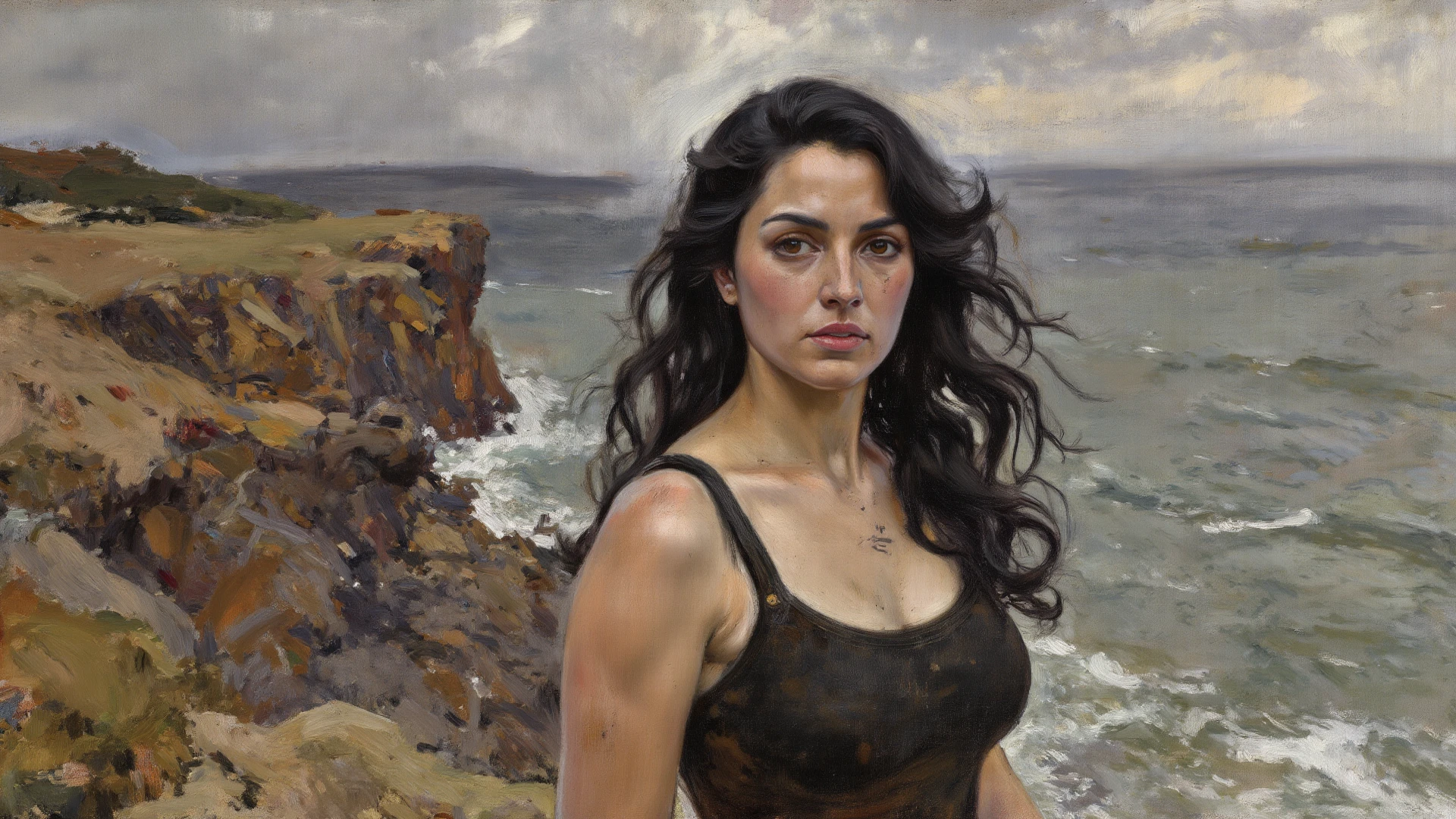 a naked bretonian maiden, beautiful woman, flowing black hair, muscular athletic body, dramatic lighting, fantasy landscape, oil painting, volumetric lighting, highly detailed, cinematic, masterpiece, (best quality,4k,8k,highres,masterpiece:1.2),ultra-detailed