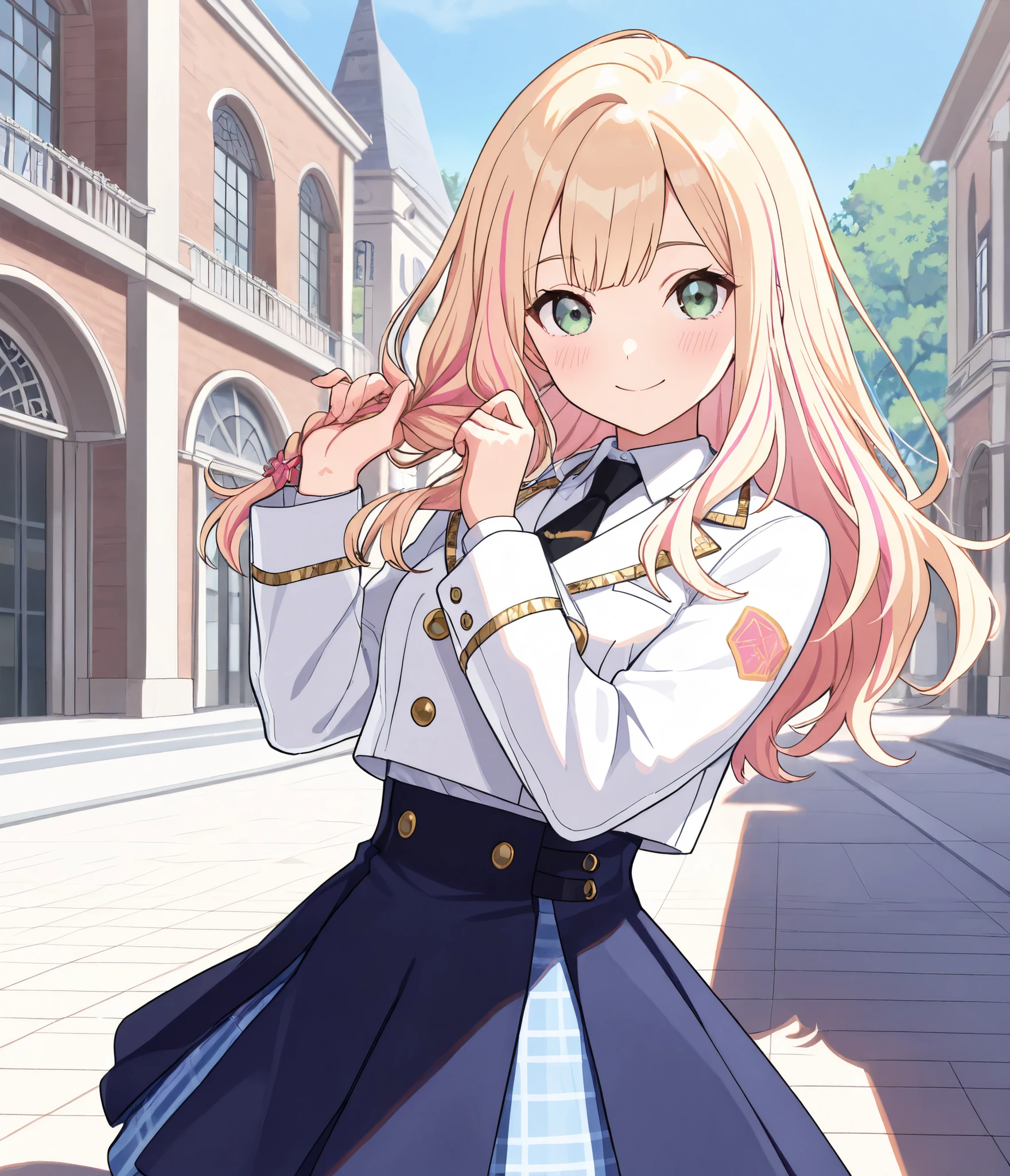 (masterpiece),(top quality),(Super Detailed),(best illustration),( best shadow ),(very high definition),(Detailed Background),(very aesthetic),Gakuma,thisTracking2idol, this_Tracking, 1girl, solo, long hair, stare at the viewer, blush, Smile, Green Eyes, Blonde, long sleeve, closed mouth, white shirt, pink hair accessories, collared shirt, Hand Up, Streaked Hair, split bangs, blue skirt, button side, white jacket, Plaid Skirt, black tie, Cropped Jacket, braiding one's own hair, Double Breasted, school, courtyard, day, Blue Sky, center part hair, Quota,