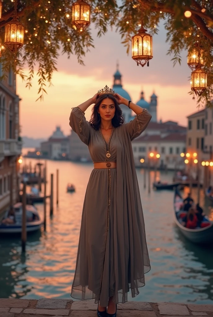 a young beautiful Venetian woman from 17th century, 30 years old, stand posing in Venice, intricate, hyper-detailed, magic atmosphere, sunset, in the style of andreas franke, focus on red and gold, hyper-realistic, carnivalcore, cinestill 50d, detailed facial features, glowing colors, 32K,