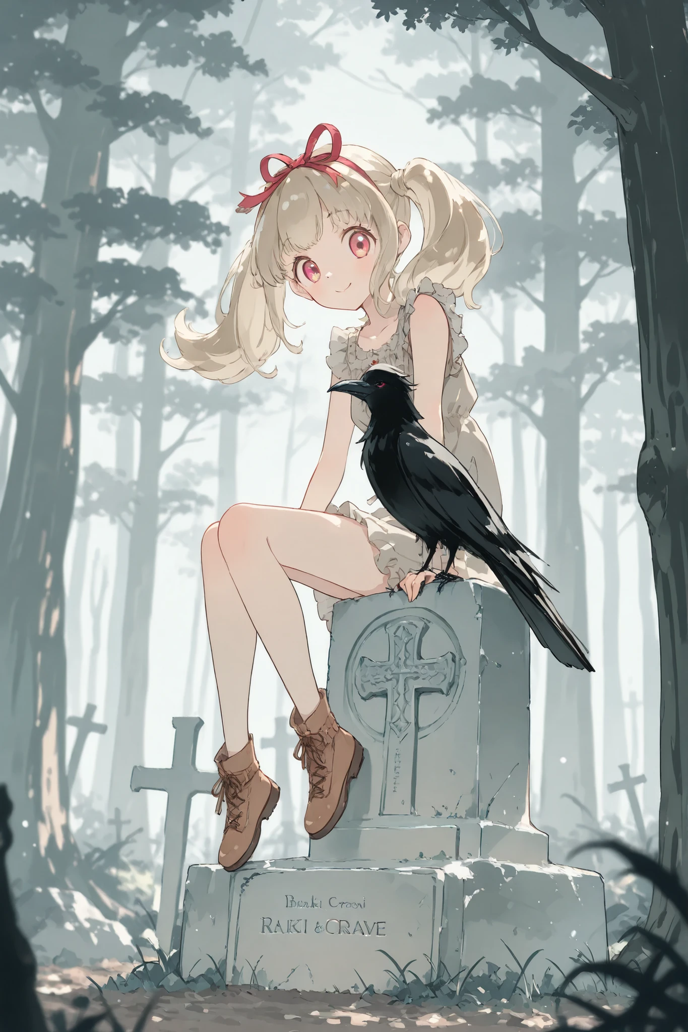 1girl, solo, kiseki raki,twintails, head top red hair ribbon, Dynamic lighting,HDR, break, (in forest) (depth of field:1.2), (muted pastel color:1.2) (grave:1.3) 幻想的な森の中、多くの光のオーブ、幽玄な、mist, fog, smile, looking viewer, celtic cross, (sitting on the grave) crow,