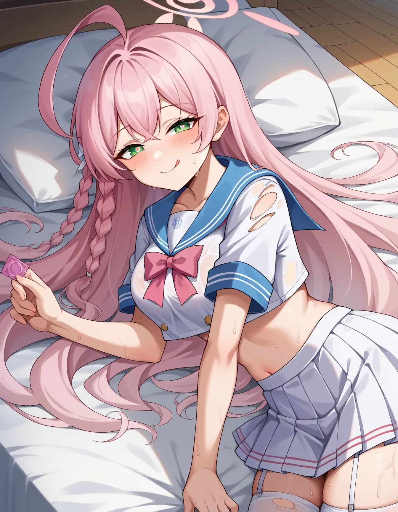 (( bed lying down)), beggar (Blue Archive), Long hair, Pink hair, Green eyes, Pink halo, blue sailor collar,Pink Ribbon Trim, White ribbon, long braid, White Sailor Dress
