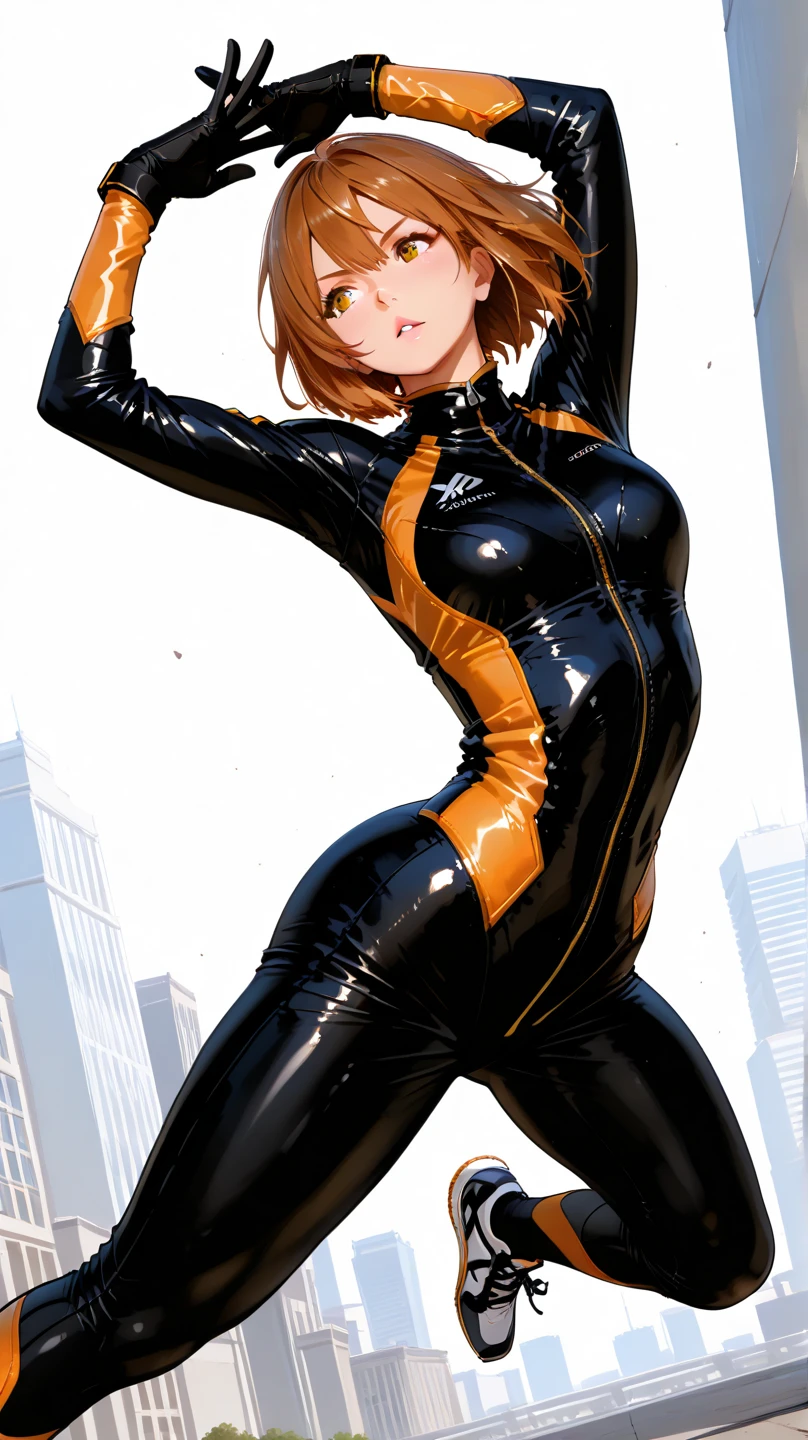 (masterpiece),(highest quality),(Very detailed),(High resolution),(Photorealistic Stick),(Realistic),(8k),wallpaper,Perfect lighting,break(One Woman),((moriyuki:1.5)),(Mori Bodysuit, Yellow bodysuit, belt:1.5),(Mori Uniform, White gloves, uniform, Brown jacket, Ascot, belt:1.5),(22 years old),(((Extremely form fitting bodysuit:1.5))),(((Very detailedなボディスーツの描画:1.5))),(Beautiful Eyes:1.5),(Detailed face drawing:1.5),(Detailed face drawing:1.5),((Very detailedな女性の手:1.5)),(Shiny skin:1.0),(((Very muscular:1.5))),((Big Breasts:1.5)),(Wall thickness),(((Thick thighs:1.5))),(Sensual body),(Black background:1.5),(((Blur the background:1.5))),(((Leaning forward:1.5))),(((A gentle smile:1.5))),(From below:1.5)
