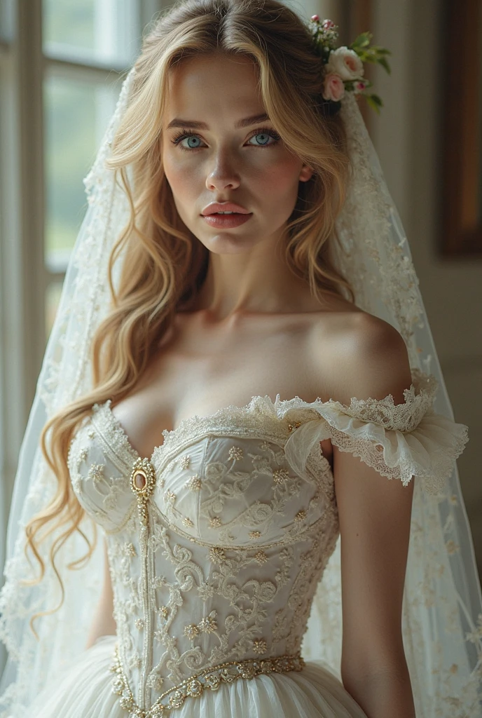 Portrait of a angry 18yo blonde Russian women in a wedding dress. Cleavage. Church background