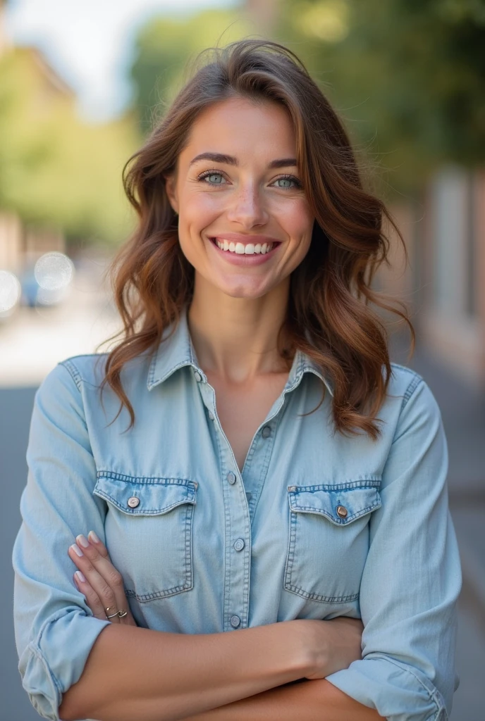 A 25-year-old European young woman in a white t-shirt in a city with a blurred background, the woman looking directly at the camera smiling