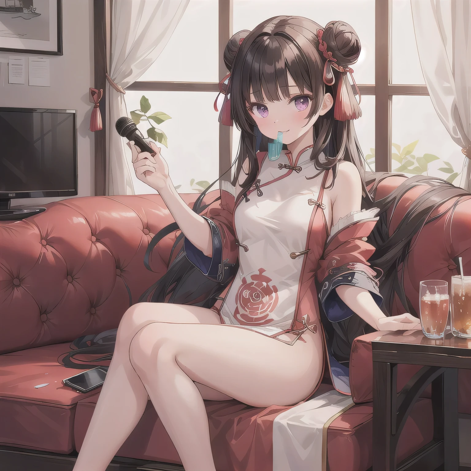 A cute anime-style girl with short light brown hair styled in two side buns, wearing a vivid red traditional Chinese dress with modest design details. She is sitting in a Japanese karaoke box, surrounded by a typical sofa, table, drink cup, and a moist hand towel. The background shows cozy lighting and interior decor common to karaoke rooms. She leans slightly forward, holding both hands near her mouth in a daydreamy, playful gesture, as if imagining holding something big and delightful. Her lips are softly parted, and she has a mischievous, cheeky expression. No food is visible. The overall mood is fun, slightly teasing, but tasteful and light-hearted. Dark hair, long hair, purple eyes.