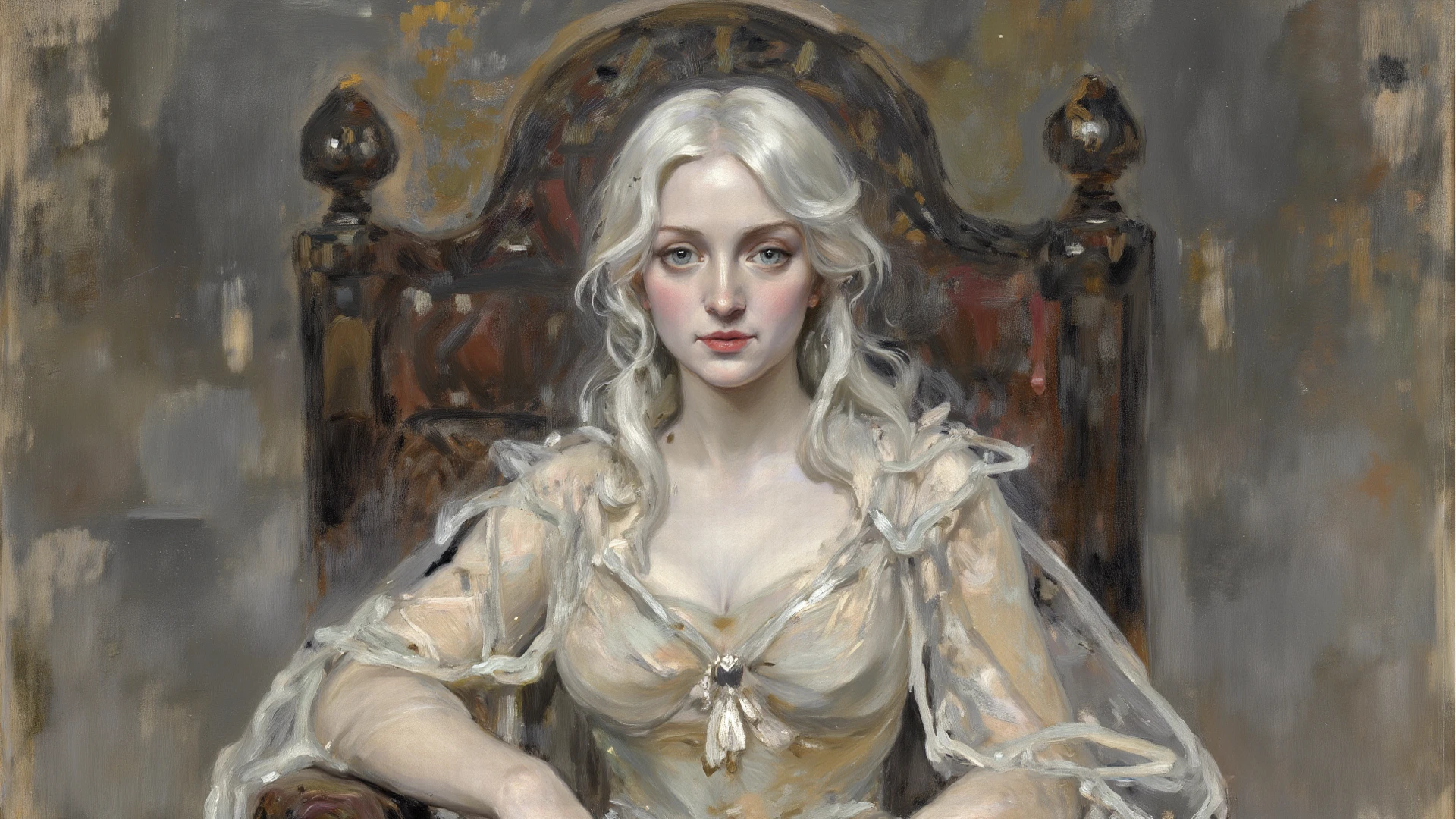portrait, long hair, white hair, golden eyes, 1girl, head, face, portrait, princess, absurdres, masterpiece, best quality, long dress, gown, cape, short hair, desolation, ruins