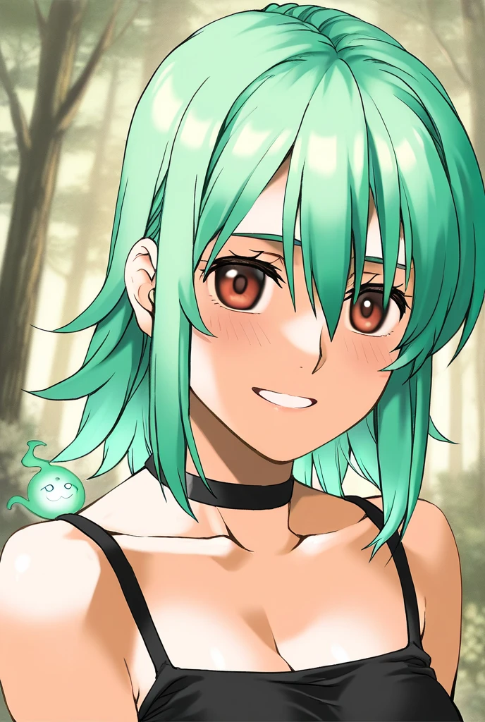 ((best quality)), ((highly detailed)), masterpiece, detailed face, beautiful face, (detailed eyes, deep eyes), (1girl), upper body, <lora:rottytops-nvwls-v1:.95>, rottytops, green hair, red eyes, green colored skin, hairband, skull earrings, grin, geta, outside, in a graveyard, fog, at night, glowing eyes