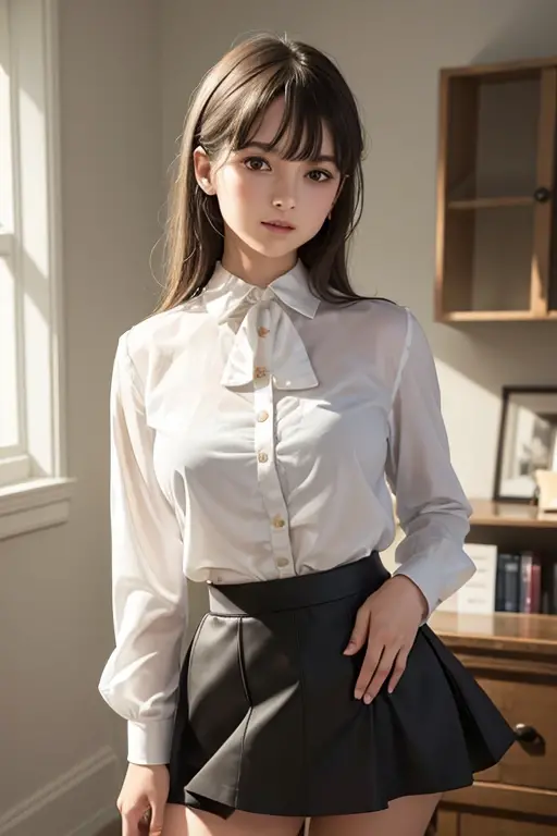 master piece , best quality , detailed , blouse , skirt , sitting , (from front) , bed room , indoor