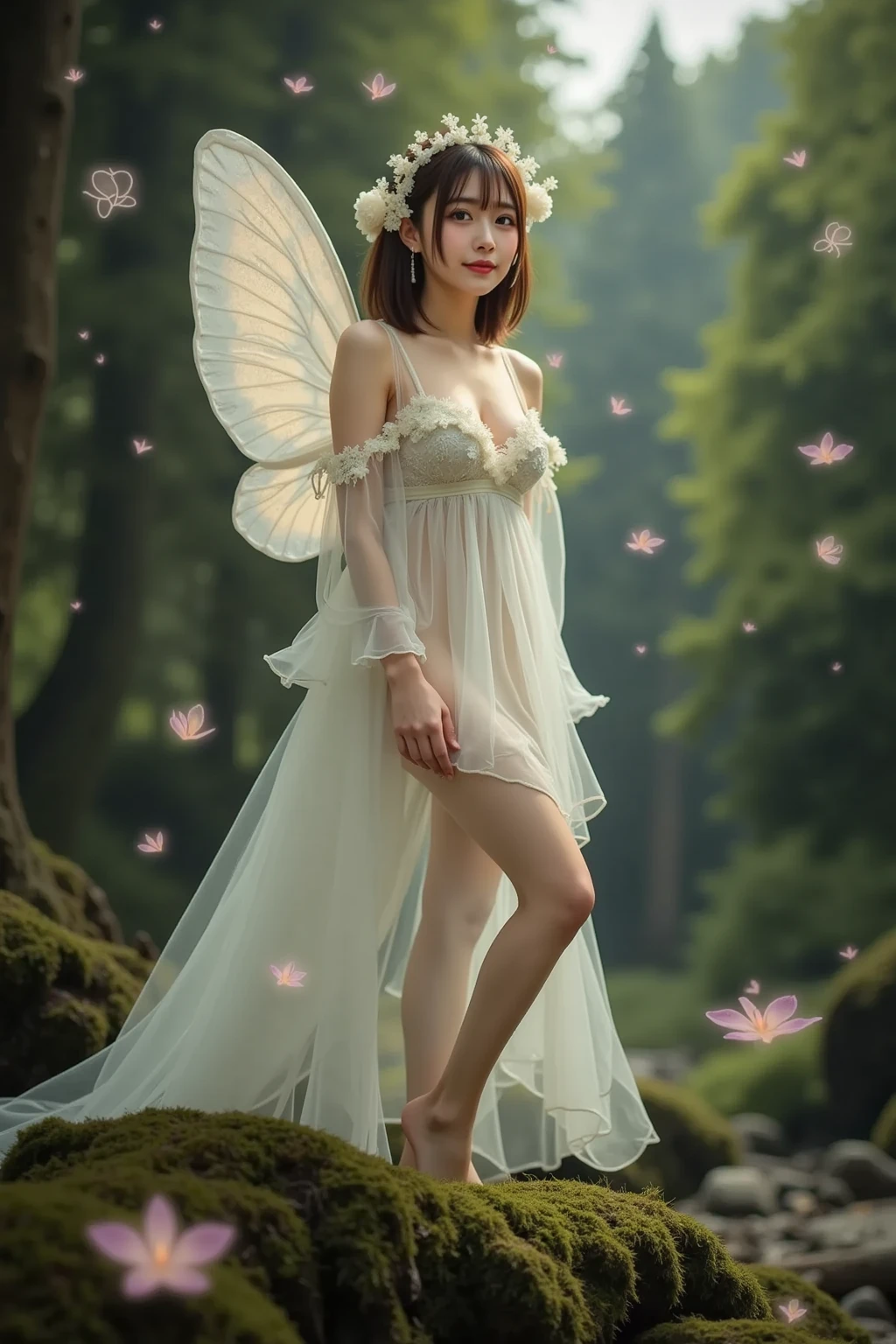 being thin、Photo of a gorgeous 20-year-old Finnish fairy wearing (White flowing dress:1.2) And (Delicate fairy wings:1.2), Grinning, (looking in camera:1.1), (Sateen:1.1), on forest path:,, masutepiece, Barefoot, (Natural lighting:0.8), 8K, ((Realistic)), F/1.1, , the woods、covering the navel、hiding breast、Hide legs、(Curvaceous)femele(flawless skin:1.11)And(teats:1.1)、A smile、full body Esbian、Beautiful standing figure、