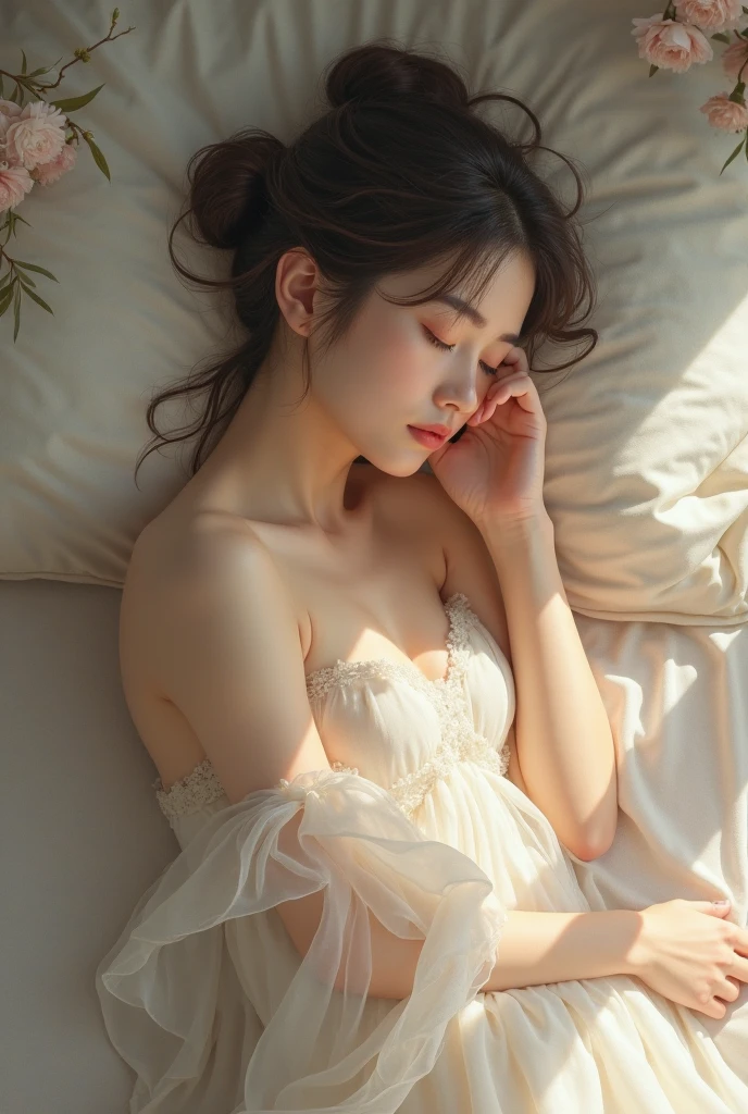 Young Queen、lying back on、Sleeping alone、Beautiful whole body、Transparent light robe、darkened room、natta、full bodyesbian、wide Shots