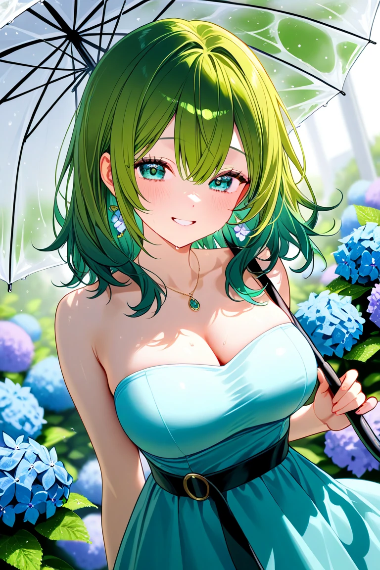 1girl, solo, beautiful girl, green skin, green eyes, big eyes, long eyelashes, green hair, short hair, shiny hair, medium breasts, green dress, strapless dress, floral print dress, green belt, purple scarf, green leggins, looking at viewer, bare arms, bare shoulders, disgust face, narrow waist, big butt, violet lips, lip gloss, perfect hands, perfect anatomy, dress pull, breast slip, nipple slip, puffy nipples, topless,
