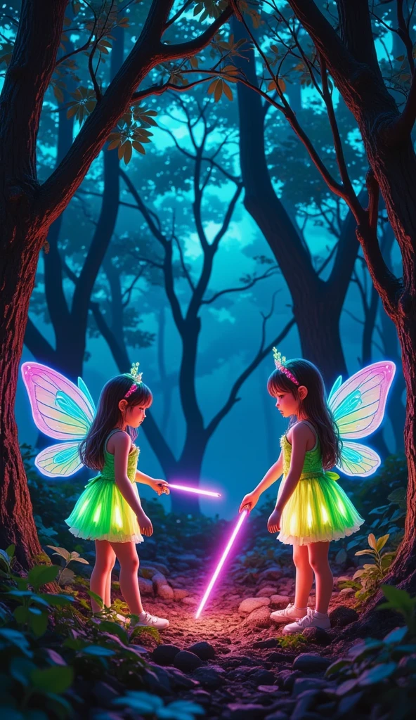 ((2 faeries girls, gorgeous, large firm push up breasts, faeries bra and dresses, neckline, 20 years old)), (in bioluminescent forest plants,fabulous night forest,magical radiance),Raw photo,ultra rea, uhd, realistic skin and hairs, best quality,16k resolution,vivid colors, little lake with luminescent effects, little faeries girl, (((the most beautiful cute girl faces in the world)))