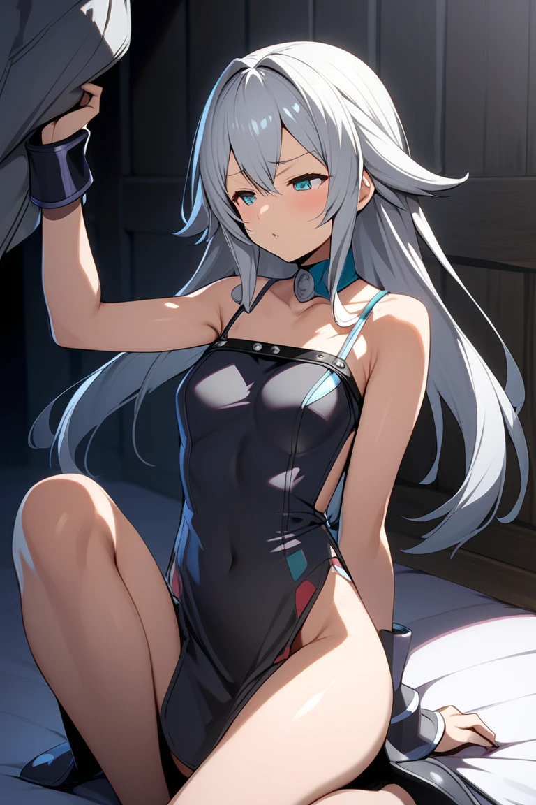 NSFW,(One girl:1.5),miorine1、miorine rembran、solo、Long Hair、Grey Eyes、Grey Hair、Ahoge,(Perfect hands),(Perfect Anatomy),(masterpiece),(Highest quality),Embarrassed,blush,Trick or Treat Cosplay、露出度の高いClothes、Shrug（Clothes）、Short sleeve、Layered Bikini、Purple Bikini、Green Bikini、belt、Nurse cap、mini skirt、Green gloves、Thigh-high socks、Garter Straps,Luxurious Room,Bedroom,bedroom