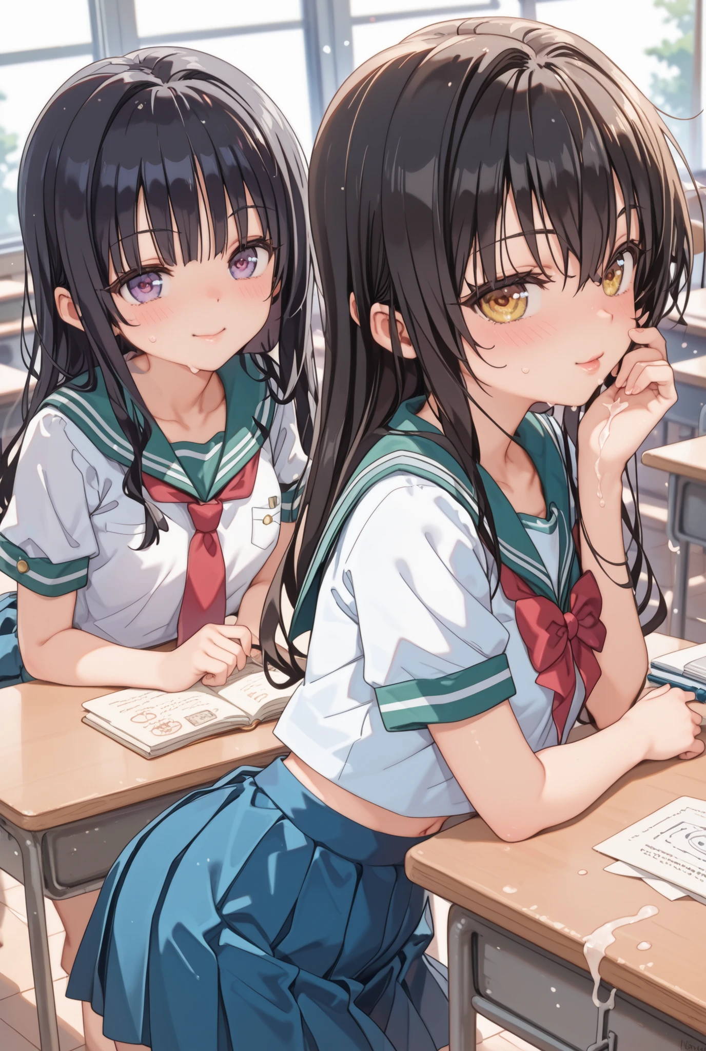masterpiece、top quality、naked、elementary school student、child、2 peoplewomanhood、clothes are messy、womanhood、Virgin、younger sister、uniform、sailor suit、pussy、I have sexual fluid on it、big boobs、turn their cheeks red、Shy、shiny skin、school、classroom、Eyes Are Heart Marked、I'm in estrus、is leaning against the desk、Golden Darkness、yuki mikan、2 people、a has black hair belly long、b is blond belly long、A is left 、 B is right 