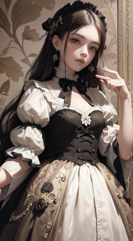 (Pure Color: 0.9), (Color: 1.1), (Masterpiece: 1,2), Best Quality, Masterpiece, High Resolution, Original, Highly Detailed Wallpaper, Beauty, Victorian, Dress, Sad, Small Face, Big Breasts, Sepia --auto --s2
