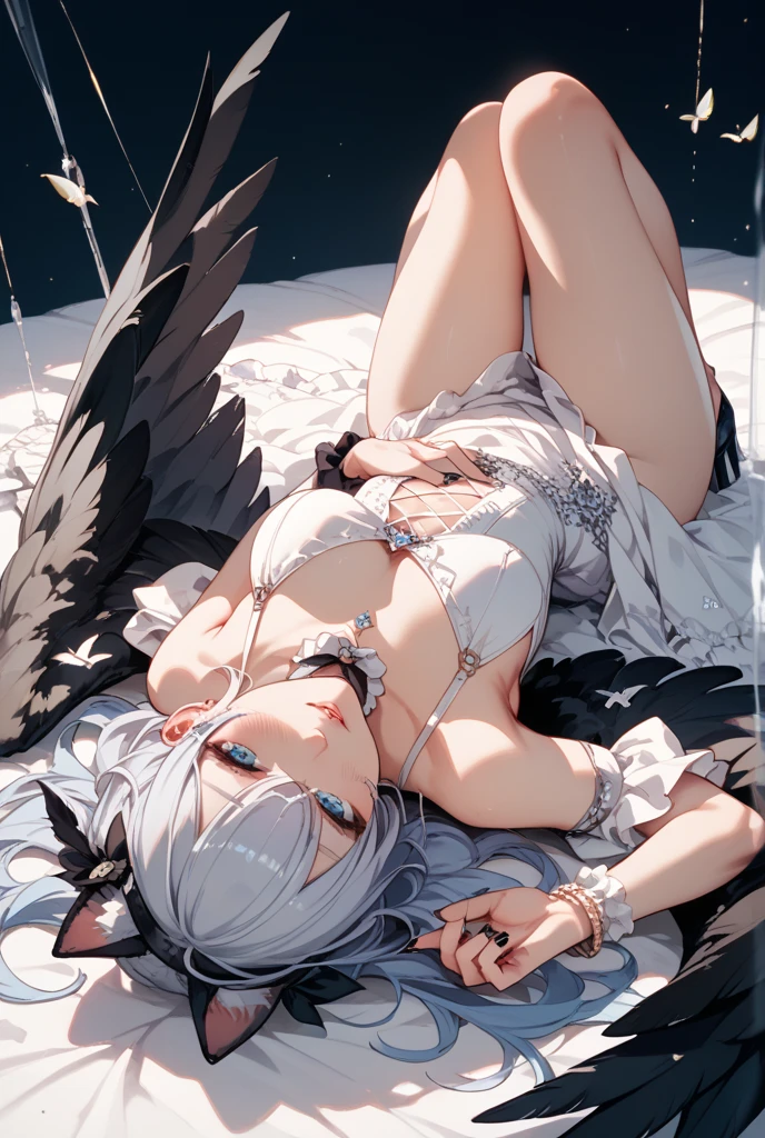 最high quality, high quality, 8K、High resolution,Highest quality、solo、Lying on the bed facing side、Face close-up、Beautiful body、A tall adult female angel wearing a white bikini、An adult female angel with large white wings on her chest.、Thighs