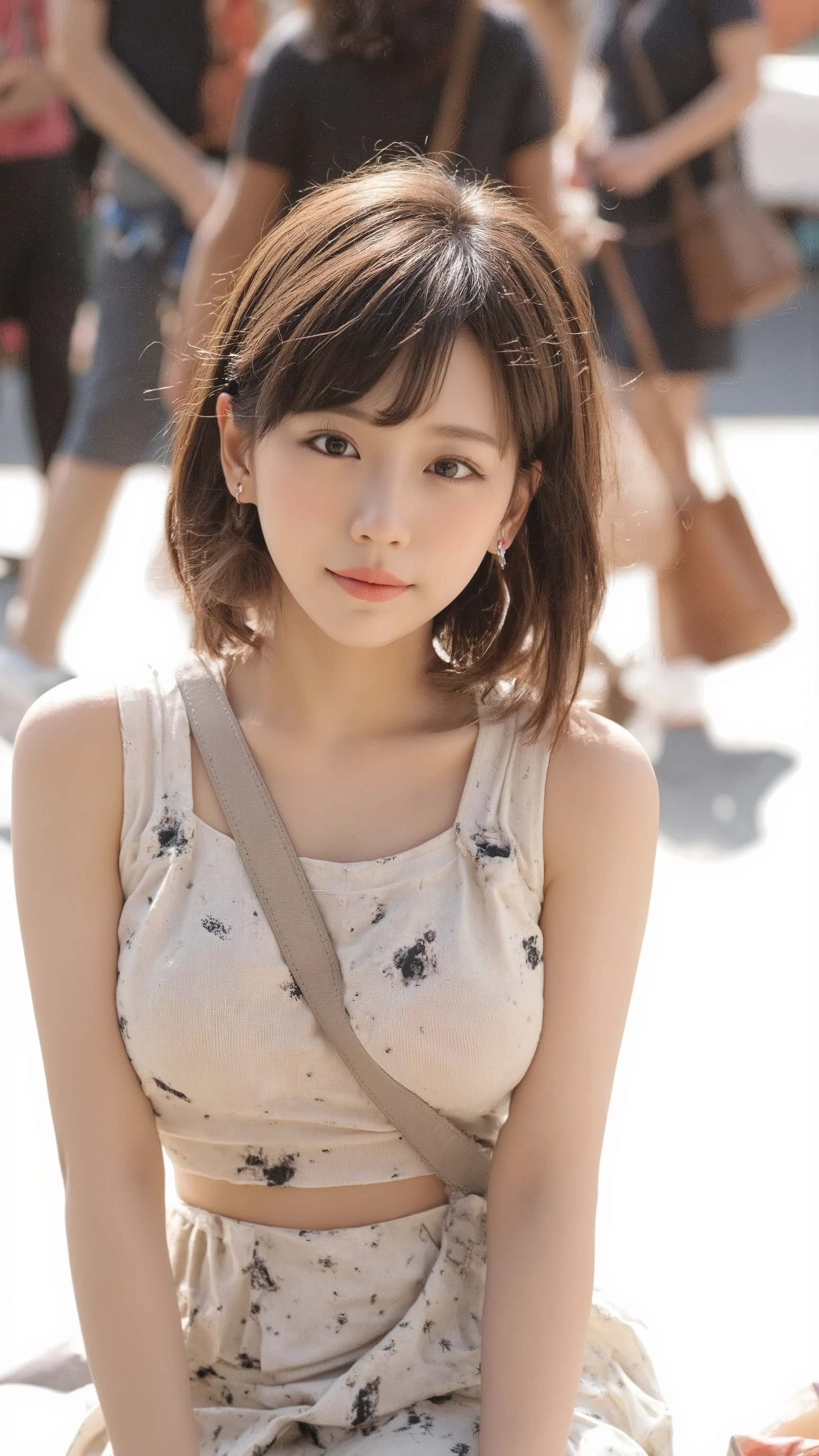 Sexy big 、Sexy cute looks and cute 15 year old beautiful girl, Beautiful and sexy face、A strong wind blows my hair in front of my face、With short blonde hair、Beautiful, cute and sexy eyes hidden by long bangs Colorful dress