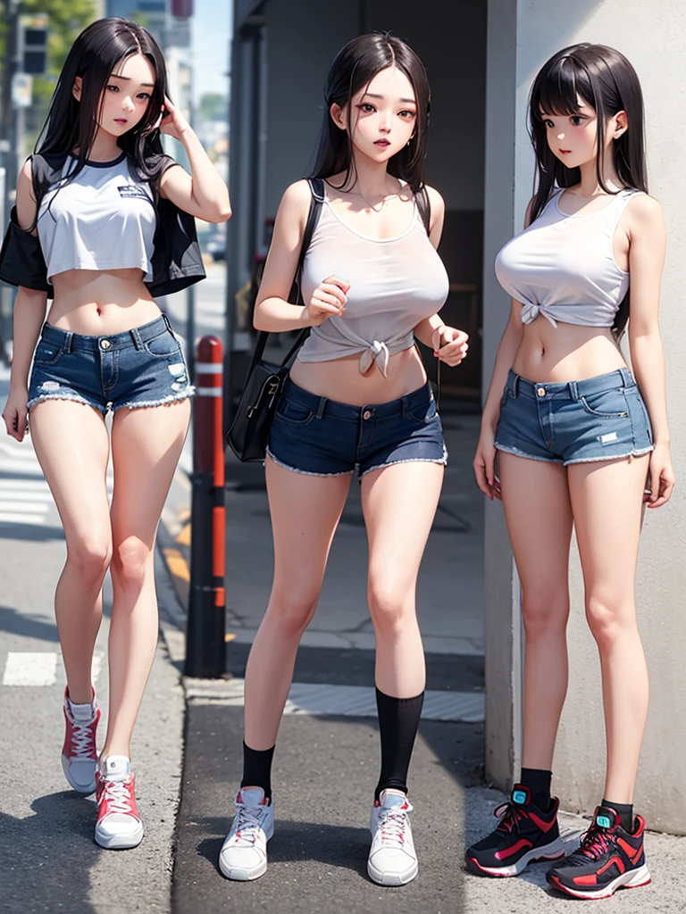 there is a woman with long hair wearing a green sweater and overalls, 18 years old, 2 7 years old, 🤤 girl portrait, 2 2 years old, 2 8 years old, 1 6 years old, 2 3 years old, a young asian woman, 21 years old, lofi girl, with short hair, two pieces bikini,big tits,big boobs,change clothes into bikinis.