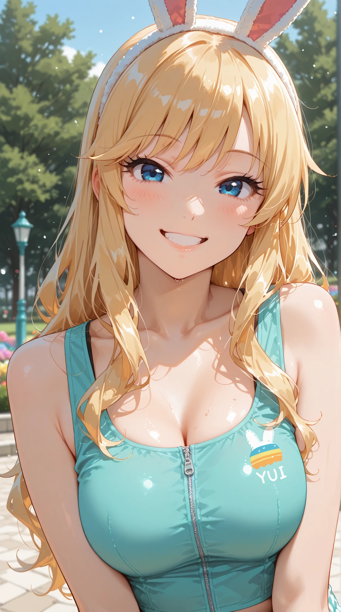 masterpiece, best quality, highly detailed, ultra high res, ayase arisa, 1girl, solo, blue eyes, hair ornament, blonde hair, long hair, looking at viewer, glossy lips, light smile, cheerleader, midriff, cleavage, grass, sitting, (knees bent), nice booty, freckles, cute, popular, makup, perfect smooth tan skin, perfect loucious hair, beautiful, sexy, cute smile, seductive, pussy