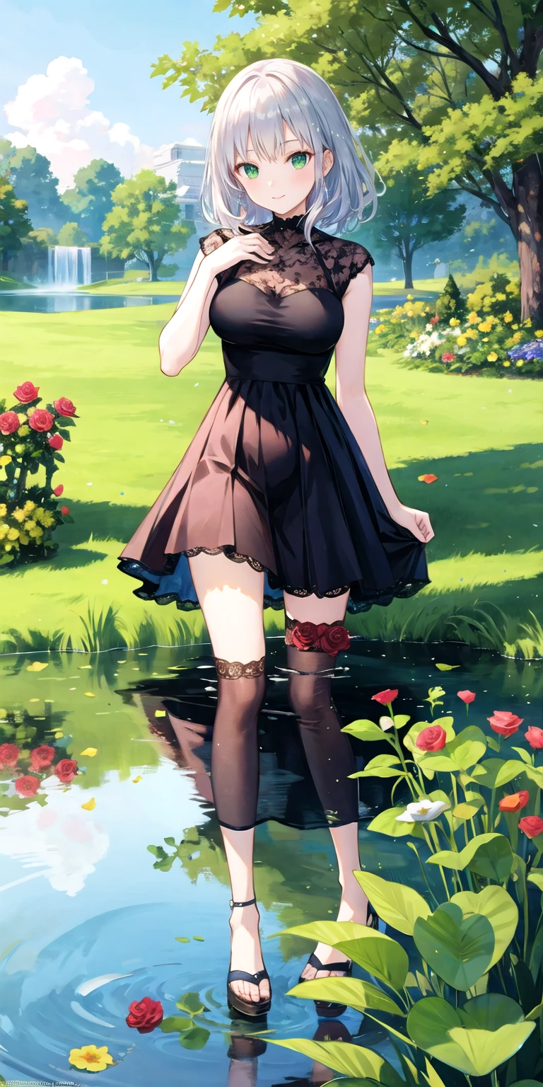 ((full body)), ((full pose)), kurumitokisaki, tokisaki kurumi, clock eyes, black hair, twintails, (red eyes:1.3), (yellow eyes:1.3), heterochromia, (medium breasts:1.3), ((seductive smile:1.4)), ((mary janes:1.4)), ((black pantyhose)), ribbon, ((black dress:1.4)), ((black lace panties:1.4)), BREAK looking at viewer, BREAK (masterpiece:1.2), best quality, high resolution, unity 8k wallpaper, (illustration:0.8), (beautiful detailed eyes:1.6), extremely detailed face, perfect lighting, extremely detailed CG, (perfect hands, perfect anatomy), ((Sky from below:1.4)), ((standing:1.4)), ((lift dress:1.4)), ((forest background:1.4))