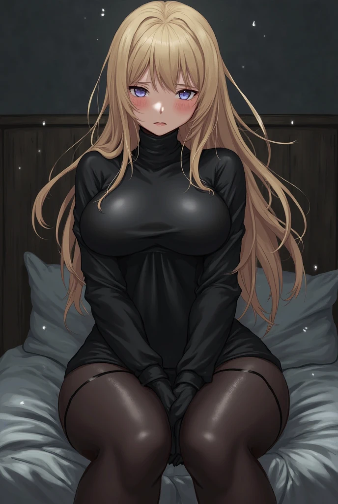 20 year old white woman laying on her bed at night in a black long tight ripped dress getting fucked , green eyes , black lips , fit with a six pack , medium tits, blonde and black hair , freckles , seductive smile, blushing ,   