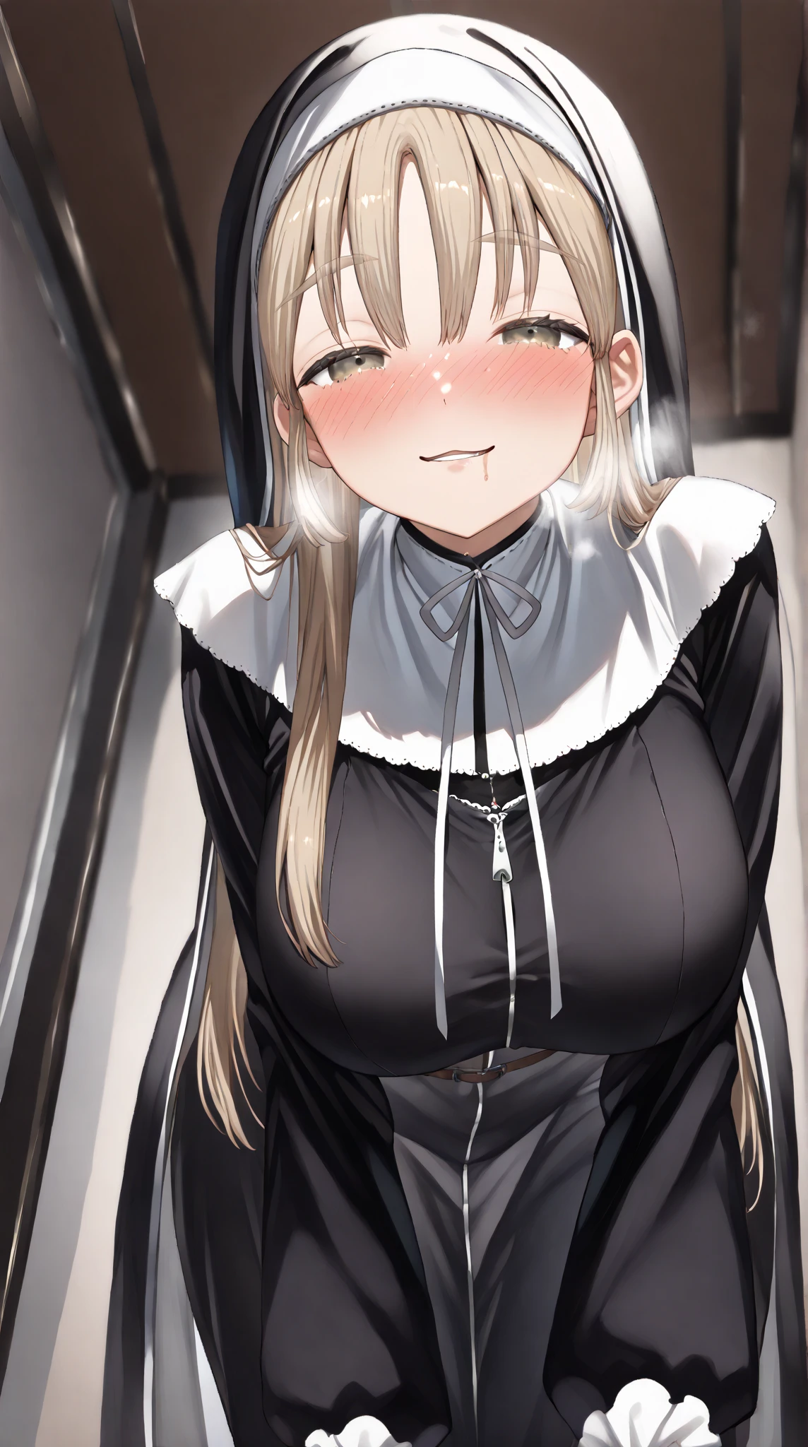 aasister, long hair, nun, habit, white capelet, neck ribbon, (black dress:1.2), long sleeves, white gloves, full-length zipper,huge breasts,expressionless,(fellatio:1.5),(((spoken heart))),arms behind back