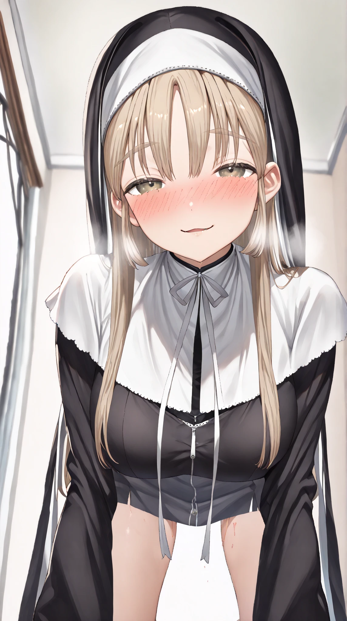 aasister, long hair, nun, habit, white capelet, neck ribbon, (body fit black dress:1.2), long sleeves, white gloves, full-length zipper,huge breasts,expressionless,nsfw